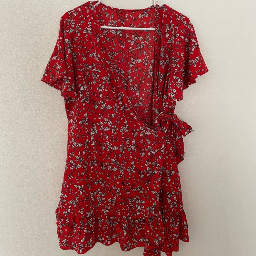 Floral V-neck tie knot ruffle short dress